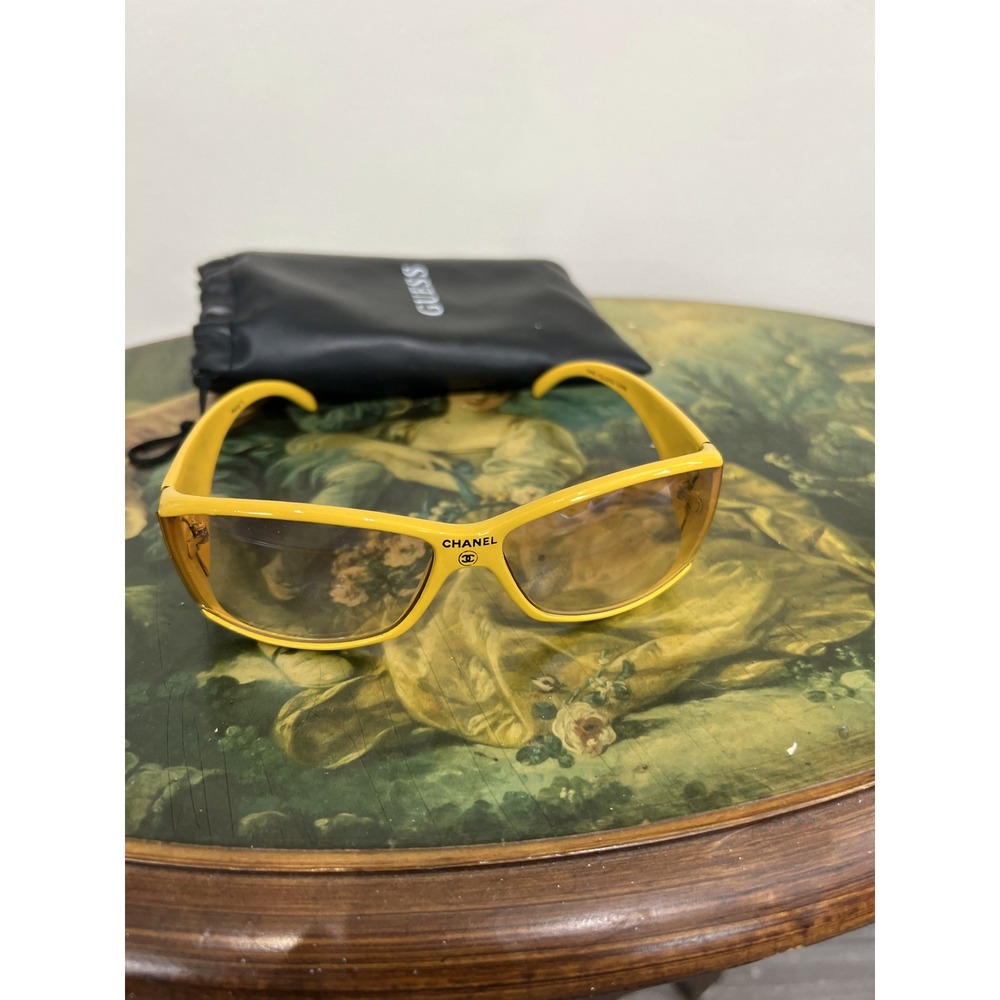 Vintage Chanel Yellow Frame Amber Tinted Wrap Sunglasses Y2K Shield Eyewear